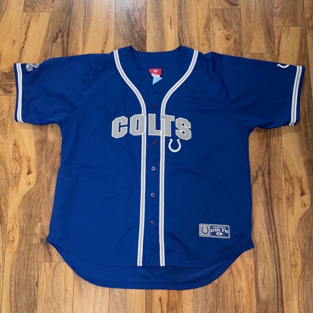 NFL Indianapolis Colts Baseball Jersey Blue‎ Button Up Mens 2XL XXL Short Sleeve